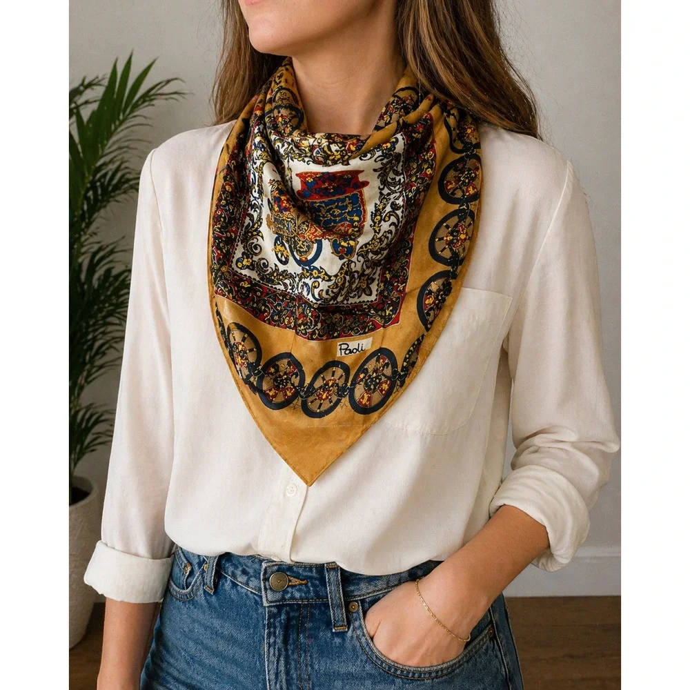 Paoli Silk Blend Medallion Scarf 24x26 Harvest Gold Vintage Equestrian Baroque